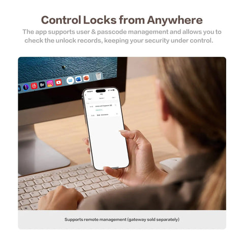 User using app on smartphone to control 4 In 1 Smart Door Lock With App Control And Fingerprint, Keypad Deadbolt And Backup Key