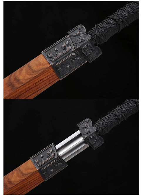 Detail of hand-forged Damascus Han Sword With 42-Inch Battle-Ready Chinese Longquan Blade and rosewood scabbard kirsite fittings.