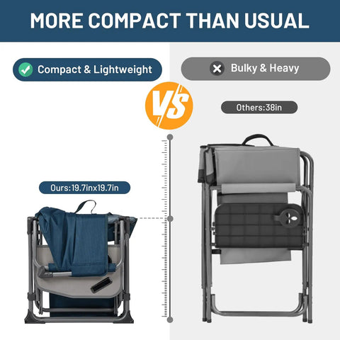 Comparison of compact aluminum camping directors chair with side table vs bulky chair, highlighting portability and size, 19.7x19.7 inches.