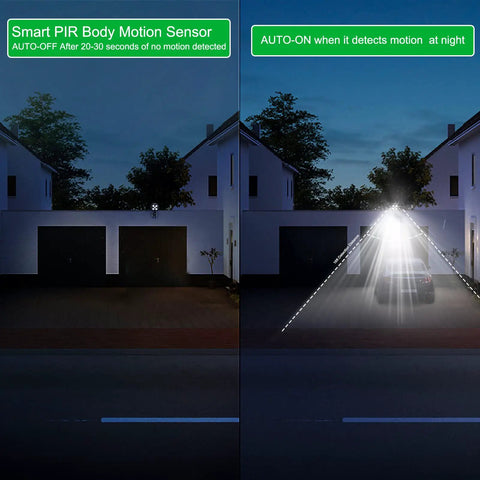 Two Pack Outdoor Motion Sensor Lights With 6000K LED Spotlight Battery Powered 8W illuminating garage at night