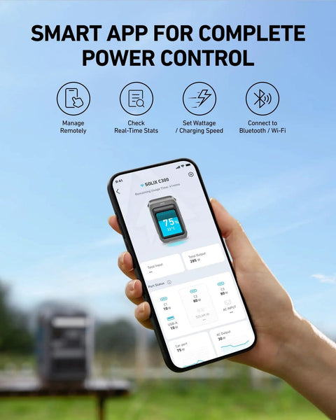 Hand holding phone displaying app for Solix C300 Portable Power Station 288Wh LiFePO4 Battery With 300W Continuous Power And 600W Surge