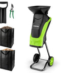 Electric Wood Chipper For Yard Cleanup With 15 Amp Motor, 4300 RPM, wheels, and collection bag, dual blade system visible