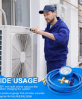 Technician using Must Have AC Refrigerant Charging Hose Kit With 59 Inch Low Pressure Hose And Gauge Set R410A Mini Split Adapter