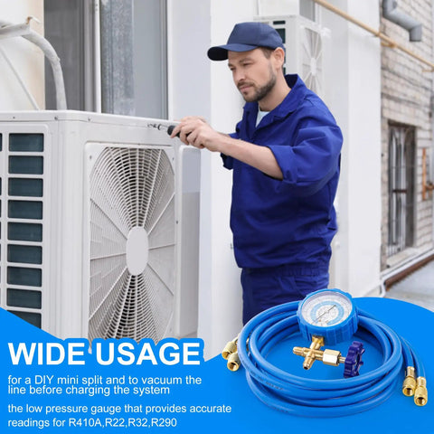 Technician using Must Have AC Refrigerant Charging Hose Kit With 59 Inch Low Pressure Hose And Gauge Set R410A Mini Split Adapter