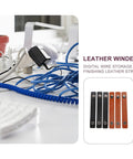 Six Piece Slick Leather Cable Straps For Usb Gadgets And Headphones Black Anti Tangle Wire Ties in various colors on a desk setup.