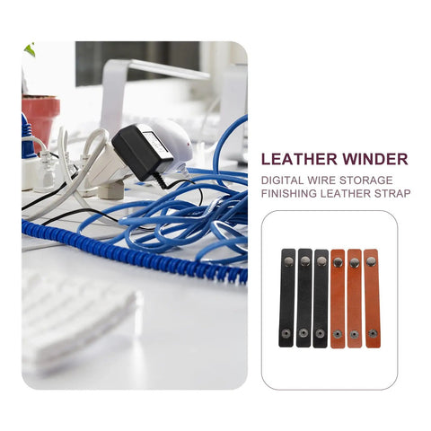 Six Piece Slick Leather Cable Straps For Usb Gadgets And Headphones Black Anti Tangle Wire Ties in various colors on a desk setup.