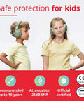 Two children wearing Kids Noise Canceling Headphones With 25 dB Sound Reduction Adjustable For Ages 3 To 16 CE And ANSI Certified.