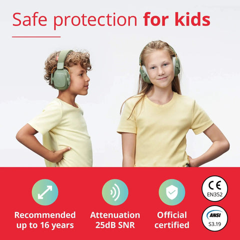 Two children wearing Kids Noise Canceling Headphones With 25 dB Sound Reduction Adjustable For Ages 3 To 16 CE And ANSI Certified.