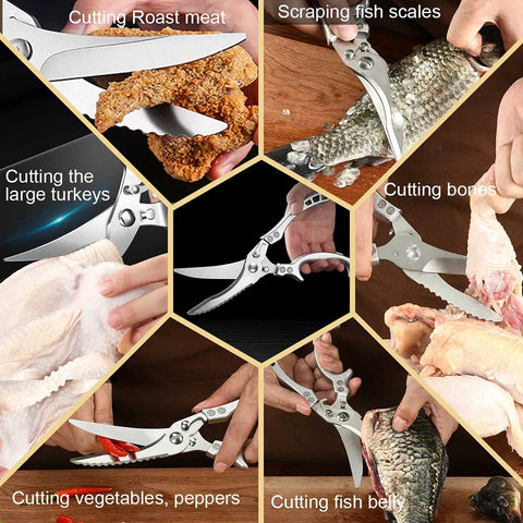 Heavy Duty Stainless Steel Kitchen Scissors Spring Loaded Poultry Shears For Bone And Meat Tenderizing Ultra Sharp Multipurpose Utility Scissors For Chicken Fish Turkey And Vegetables Boss Level Home Cook Or Chef Favorite, 10-inch stainless steel