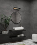 Charcoal Concrete Wallpaper Peel And Stick 3D Thick Faux Cement Contact Paper in modern bathroom with round mirror and sink