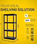 Workhorse 4 Shelf Plastic Storage Shelves Unit 48 Inch By 23 Inch By 14 Inch Holds Up To 200 Lbs Great For Pantry Garage Closet And Office Easy To Assemble Durable Plastic Shelving. Black 4-shelf plastic storage unit, 47.5x23x14 in, 200 lb capacity