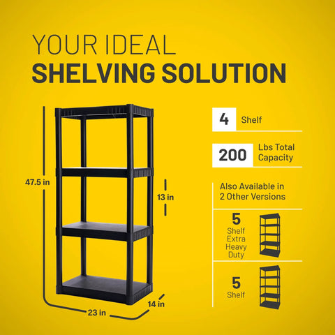 Workhorse 4 Shelf Plastic Storage Shelves Unit 48 Inch By 23 Inch By 14 Inch Holds Up To 200 Lbs Great For Pantry Garage Closet And Office Easy To Assemble Durable Plastic Shelving. Black 4-shelf plastic storage unit, 47.5x23x14 in, 200 lb capacity