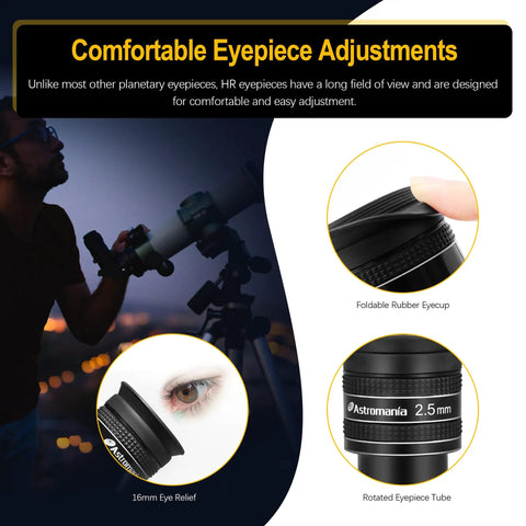 Two Point Five Millimeter Wide Angle Telescope Eyepiece For Planetary Observation Dope 1.25 Inch 58 Degree Apparent Field
