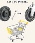 5 Inch Shopping Cart Caster Wheel Replacement Kit With Polyurethane Stepped And Full Tread Face Wheels And Hardware TPU Silent Supermarket Wheels High Density Carbon Steel Components Durable And Chemical Resistant 4 Pack Grey, showing wheels and shopping cart.