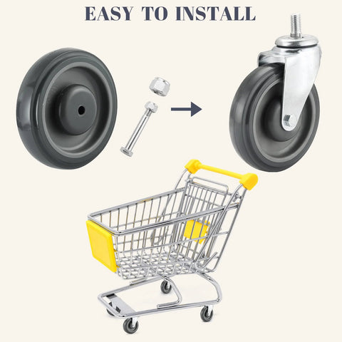 5 Inch Shopping Cart Caster Wheel Replacement Kit With Polyurethane Stepped And Full Tread Face Wheels And Hardware TPU Silent Supermarket Wheels High Density Carbon Steel Components Durable And Chemical Resistant 4 Pack Grey, showing wheels and shopping cart.