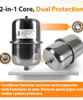 Pro Grade 2L Mini Thermal Expansion Tank With Half Inch Male Pipe Thread Tough As Nails Stainless Steel Body Built Different For Water Heater Protection And Zero Friction Pressure Relief In Tight Spots - Dual function tank image.