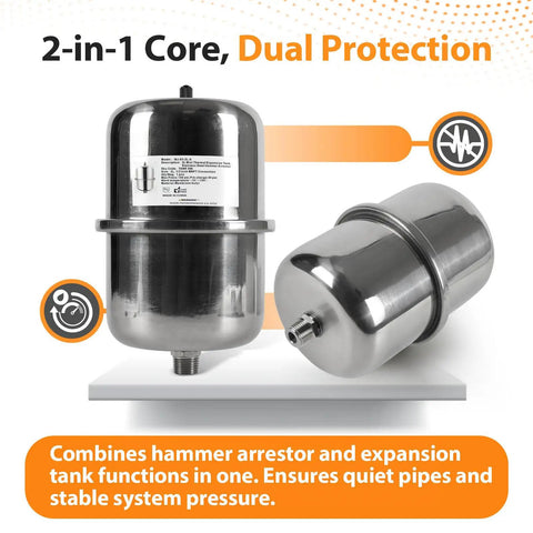 Pro Grade 2L Mini Thermal Expansion Tank With Half Inch Male Pipe Thread Tough As Nails Stainless Steel Body Built Different For Water Heater Protection And Zero Friction Pressure Relief In Tight Spots - Dual function tank image.