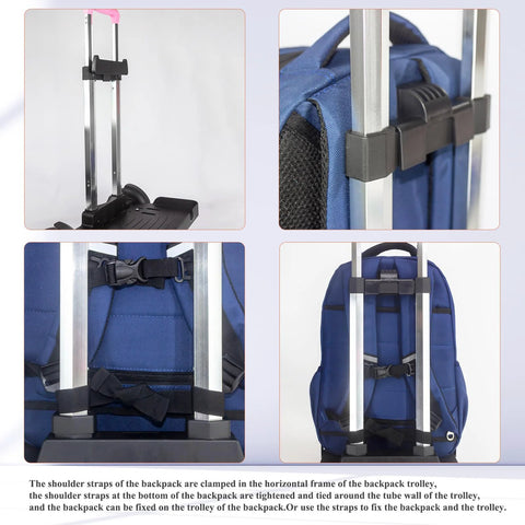 Collage of Lightweight Folding Backpack Trolley with Three Wheel Rolling Hand Truck Design and buckle straps for travel use.