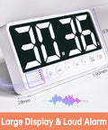 7.1 Inch Digital Kitchen Timer With Extra Large LED Display, magnetic back, rechargeable, showing side angle, black.