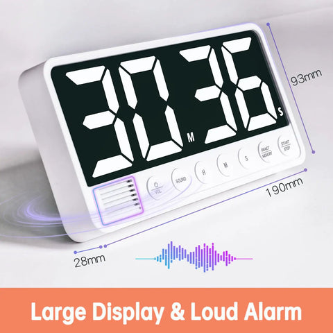 7.1 Inch Digital Kitchen Timer With Extra Large LED Display, magnetic back, rechargeable, showing side angle, black.