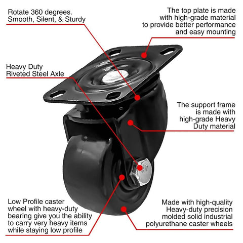 2 Inch Heavy Duty Polyurethane Caster Wheels With Double Ball Bearing Industrial Grade Solid Low Profile Smooth And Silent 1000 Lb Capacity