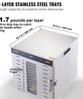 Big Time 1000W Electric Food Dehydrator With 10 Spacious Stainless Steel Trays and digital touchscreen panel for drying herbs and fruits.