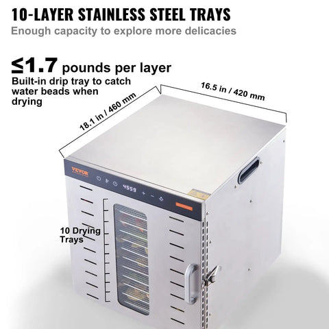 Big Time 1000W Electric Food Dehydrator With 10 Spacious Stainless Steel Trays and digital touchscreen panel for drying herbs and fruits.