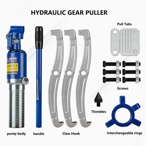 Heavy Duty Hydraulic Gear Puller 10 Ton 22000 Lbs Capacity Rock Solid Carbon Steel Build, components with pump body, claws, and screws.
