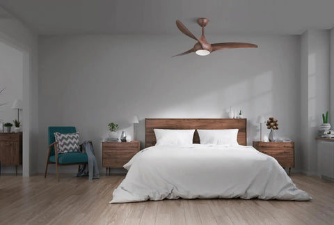 Light Wave 52 Inch Ceiling Fan With LED Light Kit In Distressed Koa Finish, Remote Controlled Three Speed Fan In Bedroom Setting