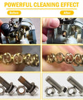 Before and after cleaning with 6L Dual Frequency Ultrasonic Cleaner With Heater And Timer, Pro Grade Digital Stainless Steel Cleaning Machine For Carburetors, Parts, Circuit Boards, Glasses, Dentures, Jewelry And More. Carburetor, chain, bolts displayed.