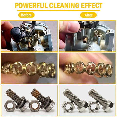 Before and after cleaning with 6L Dual Frequency Ultrasonic Cleaner With Heater And Timer, Pro Grade Digital Stainless Steel Cleaning Machine For Carburetors, Parts, Circuit Boards, Glasses, Dentures, Jewelry And More. Carburetor, chain, bolts displayed.