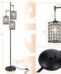 Dope Modern 3 Light Tree Floor Lamp with Crystal Birdcage Shades, Black Pole, Easy On Off Switch shown with dimensions.