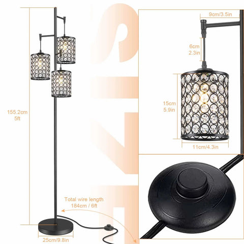 Dope Modern 3 Light Tree Floor Lamp with Crystal Birdcage Shades, Black Pole, Easy On Off Switch shown with dimensions.