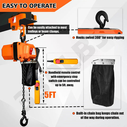 Beefy Electric Chain Hoist 330 Lbs 120V Single Phase Winch With 9.8 Ft Lift Height, includes remote and chain bag, easy operation