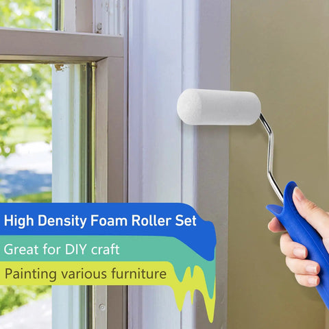 Person using 4 Inch Foam Paint Roller Kit Set With 8 Mini Roller Covers Frame Tray And Liner For Smooth Walls Trim Furniture And Diy Projects Great For Touch Ups And Small Jobs on window frame