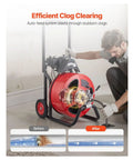 Heavy Duty Automatic Feed Drain Cleaner Machine With One Hundred Foot By Three Quarter Inch Kink Free Steel Sewer Snake Auger in use.