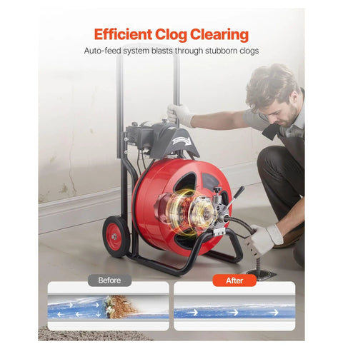 Heavy Duty Automatic Feed Drain Cleaner Machine With One Hundred Foot By Three Quarter Inch Kink Free Steel Sewer Snake Auger in use.