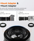 APO Telephoto Astro Lens 105mm F2.8 For Full Frame And Sony E Mount, showcasing T-mount and E-mount adapter options.