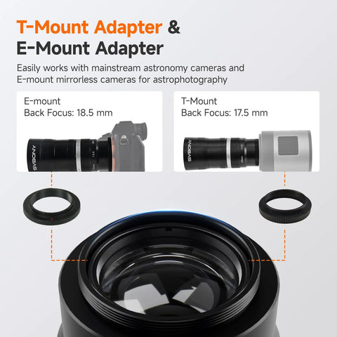 APO Telephoto Astro Lens 105mm F2.8 For Full Frame And Sony E Mount, showcasing T-mount and E-mount adapter options.