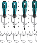 12 Piece Screwdriver Organizer Set With Double Ring Tool Holders For Pegboard Hooks, showing tools on pegboard.