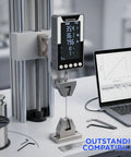 Six Way Testing Kit Digital 1000N Force Gauge With USB C Data Output N Kg Lb Units Push Pull Gauge For Tension And Compression Testing Battery Powered Includes Four Compression Platters Tension Hook And Extension Shaft, on test stand