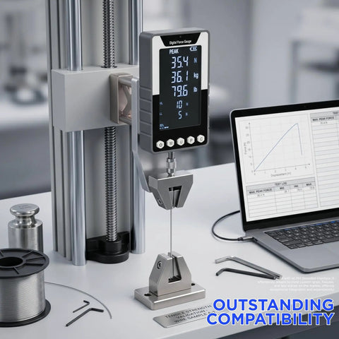 Six Way Testing Kit Digital 1000N Force Gauge With USB C Data Output N Kg Lb Units Push Pull Gauge For Tension And Compression Testing Battery Powered Includes Four Compression Platters Tension Hook And Extension Shaft, on test stand