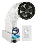 Two Speed Whole House Fan With Super Silent German Motor And Cold Weather Damper, featuring flexible duct and control panel.