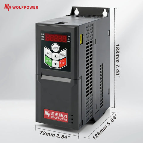 Pro Grade 220V VFD Motor Speed Controller for AC Motors with 0.75 to 4 kW, front view showing control panel and dimensions.
