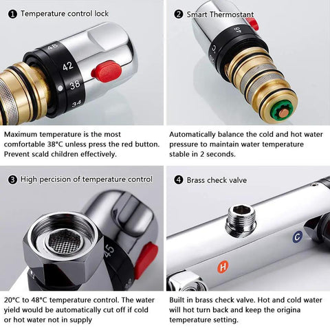 Thermostatic Shower Mixer With Wall Mount Temperature Control Valve illustrating auto balance and brass check valve components