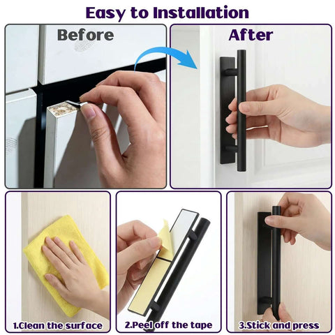 Easy installation guide for Six Pack Black ABS Plastic Peel And Stick Cabinet Handles, showing adhesive application steps.