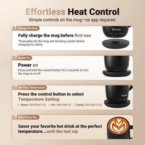 Effortless Heat Control instructions for No App Hassle Self Heating Coffee Mug With Precise Temperature Control, 14 Oz Travel Cup.