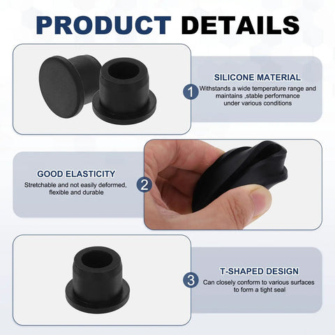 11 Piece T Shaped Silicone Plugs Set For 12.5-13mm Holes, showcasing product details like silicone material, elasticity, and design.