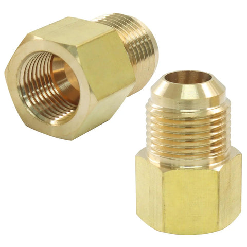 Brass Flare Tube Fittings 1/2 Inch Male to 3/8 Inch Female NPT Reducer Adapter, 2 Pack, shown in close-up view.