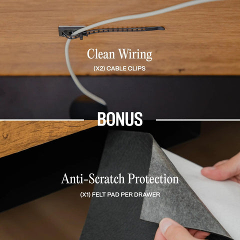 Close-up of cable management clips and felt pad from Undermount Under Desk Drawer Slide Out Lockable Metal Storage With Built In Cable Management.